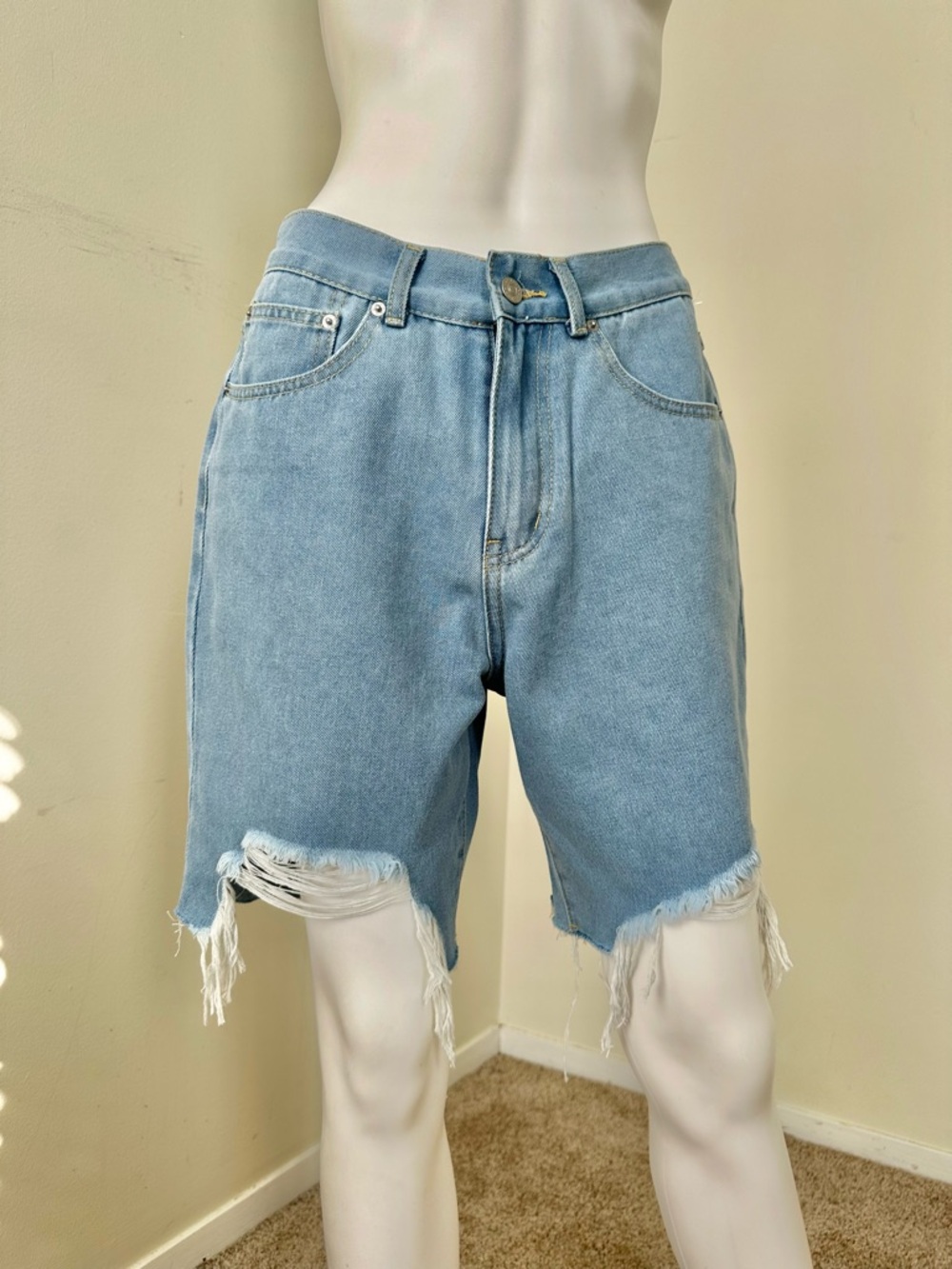 Light Wash High-Rise Distressed Denim Bermudas